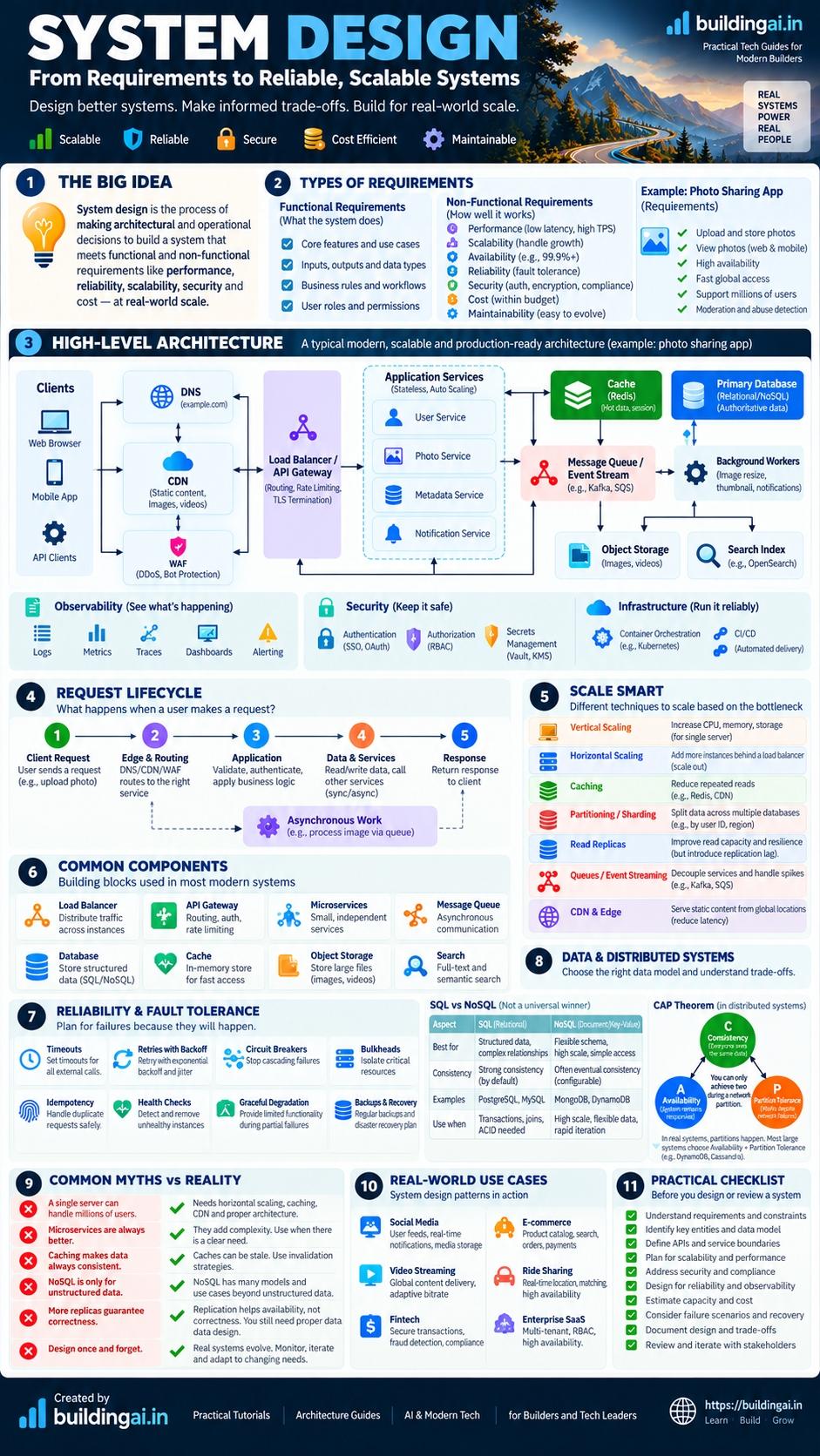 System Design cheat sheet: requirements, high-level architecture, request lifecycle, scaling techniques, reliability, data and distributed systems, security and operations, common myths and a practical checklist
